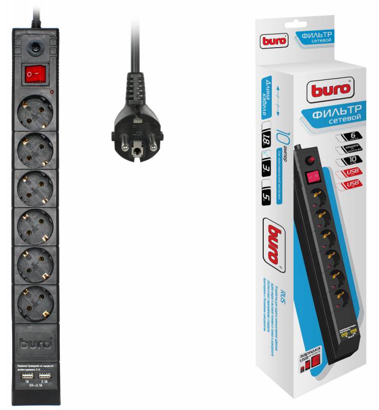 Сетевой фильтр Buro BU-SP3_USB_2A-B